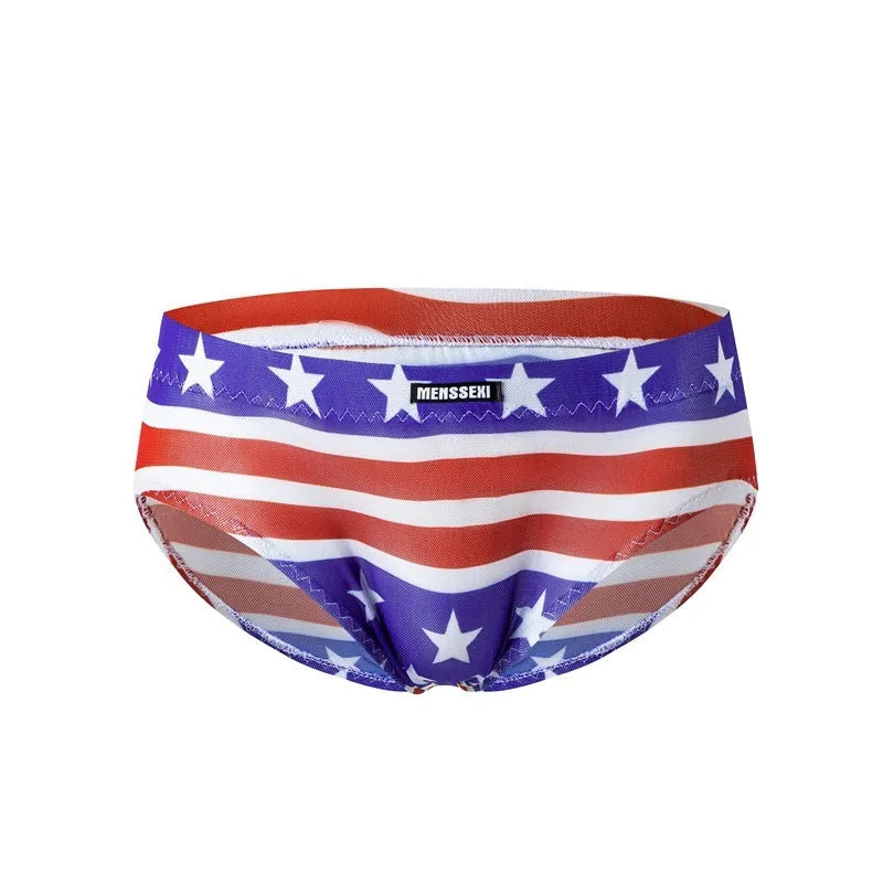 Men's low waist printed briefs in light polyester fabric, showing star, leopard, lip, banana, elk, green and rainbow pattern options.