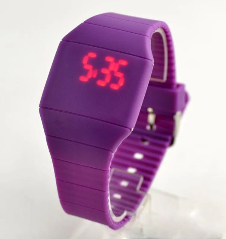Square digital touch screen watch in multiple colours on a PU strap with stainless steel buckle