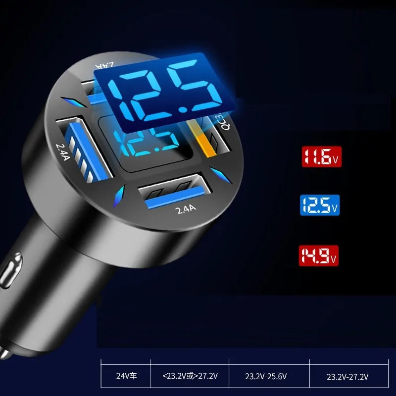 Four-port USB car charger with digital display showing output, compact black design