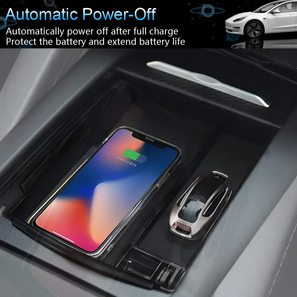 Black wireless charging base stand for Qi smartphones and tablets on a desk