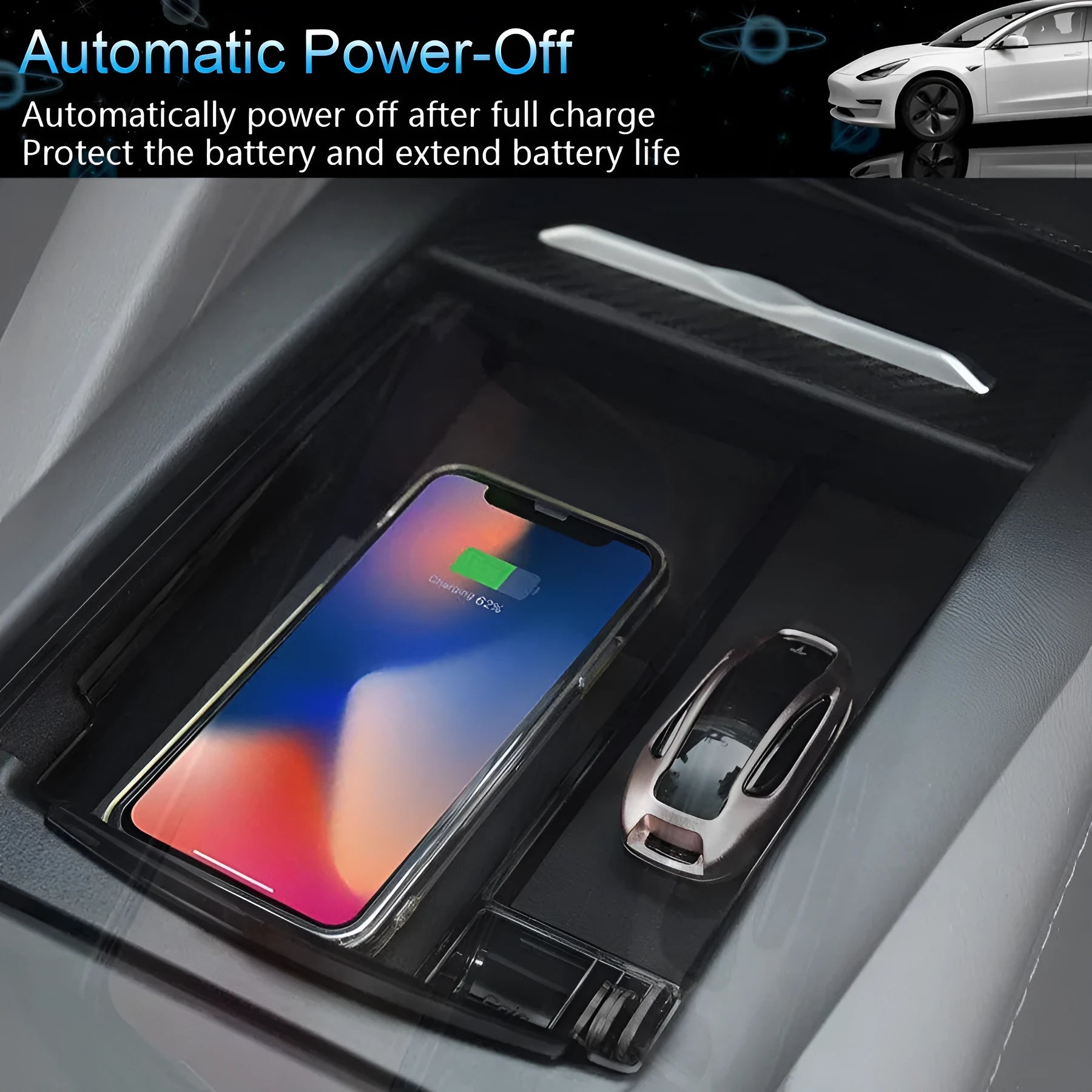 Black wireless charging base stand for Qi smartphones and tablets on a desk