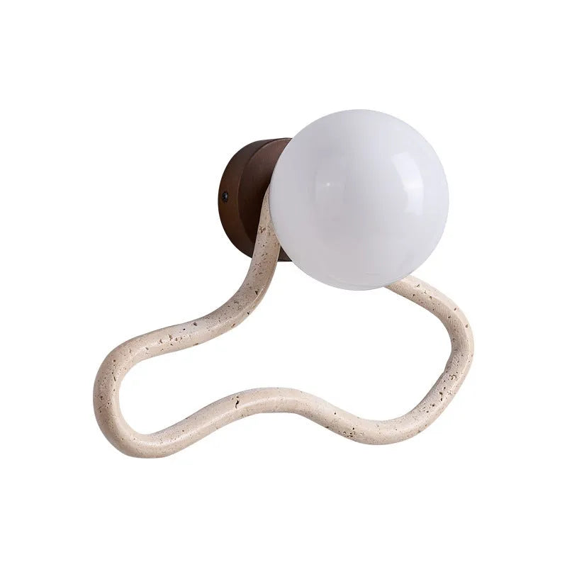 Cream middle ancient style wall lamp with 30cm travertine glass shade on solid wood base
