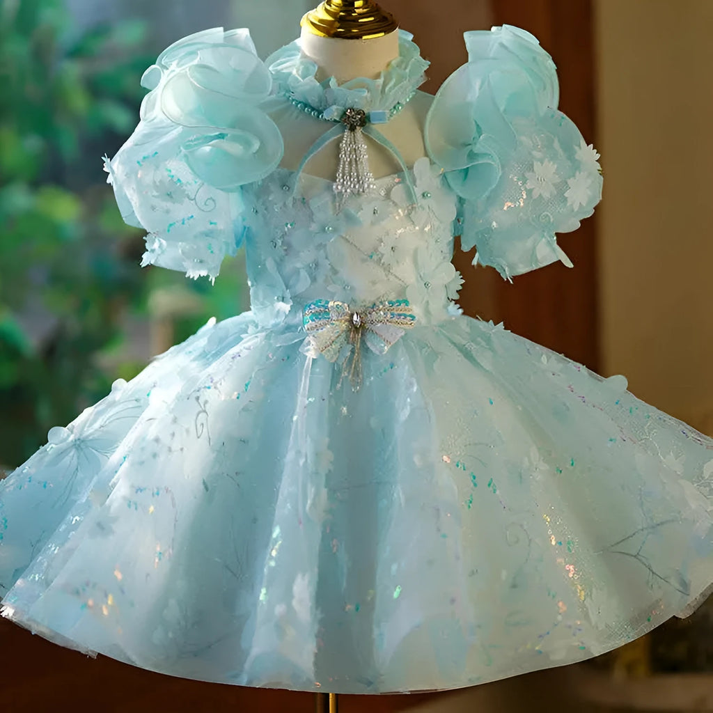Girls' blue-green satin princess evening dress with back zip fastening, full-length formal gown