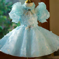 Girls' blue-green satin princess evening dress with back zip fastening, full-length formal gown