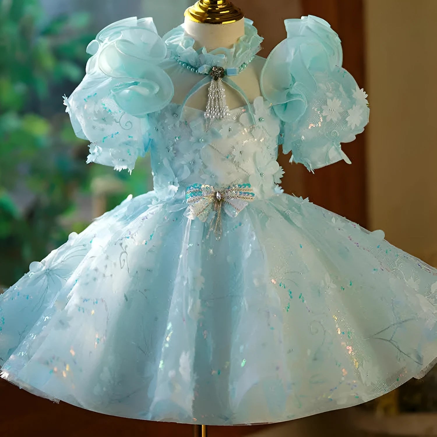 Girls' blue-green satin princess evening dress with back zip fastening, full-length formal gown