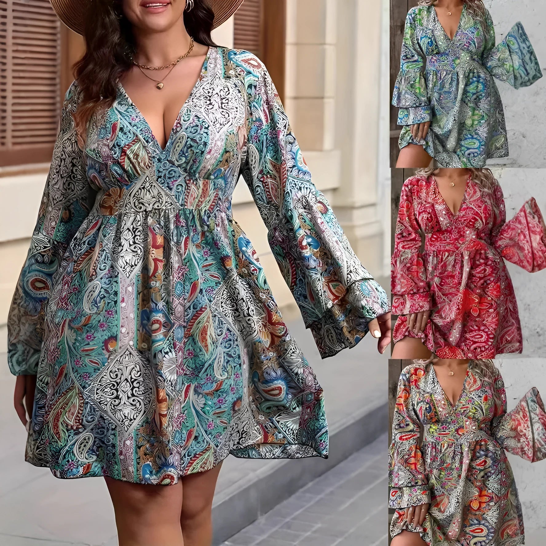 Plus size women's printed dress with bell sleeves, V-neck, and A-line skirt in bohemian style