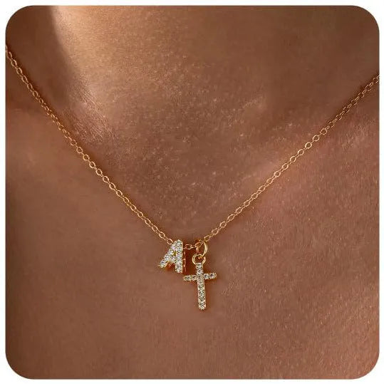 Copper letter pendant necklace with zircon inlay in A style electroplated finish on regular chain
