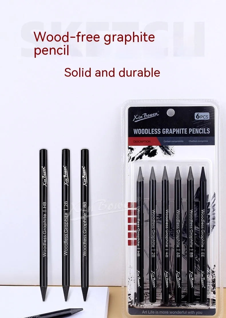 Six wood-free graphite sketching pencils showing different hardness grades HB 2B 4B 6B 8B EE