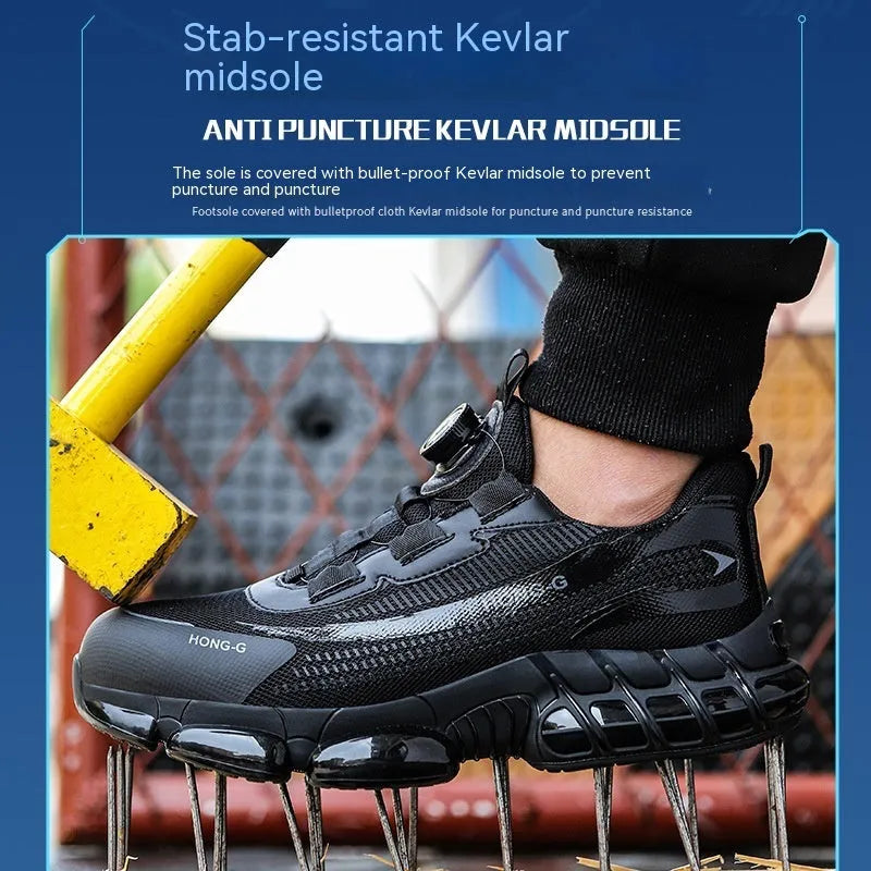 Lightweight black work safety shoes with a steel toe cap, Flyknit upper, and front laces on a grey background.