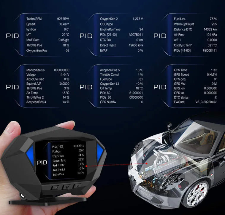 Black vehicle head-up display unit with HD LCD screen and OBD cable