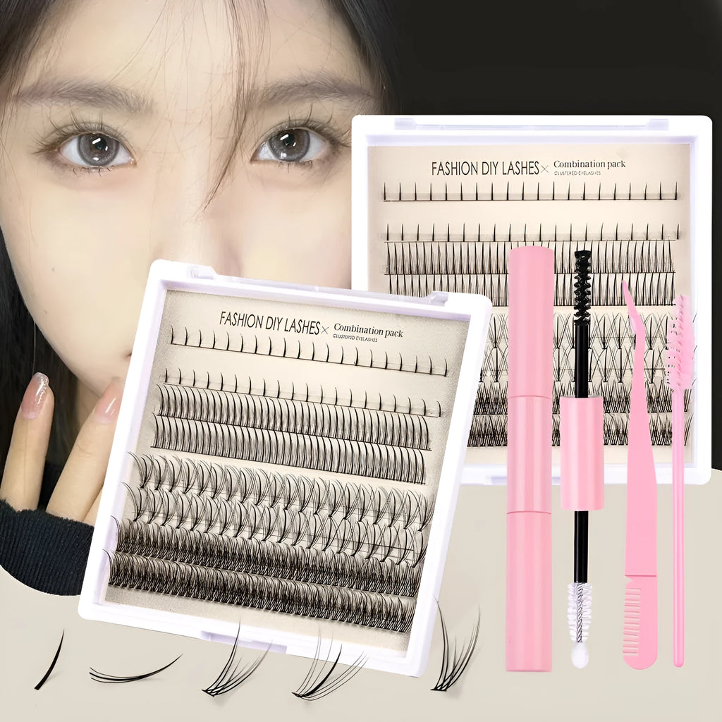 DIY false eyelash glue suit set with segmented artificial fibre lashes and dual-colour glue with brush tweezers