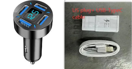 Four-port USB car charger with digital display showing output, compact black design