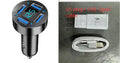 Four-port USB car charger with digital display showing output, compact black design