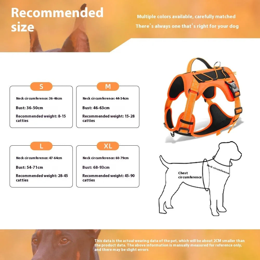 Orange reflective dog vest harness with a black hand-holding rope, shown on a medium-sized dog.