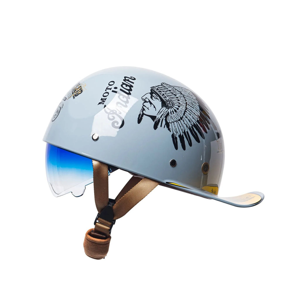 Men's retro electric bicycle half helmet in bright black with a gradient blue lens.