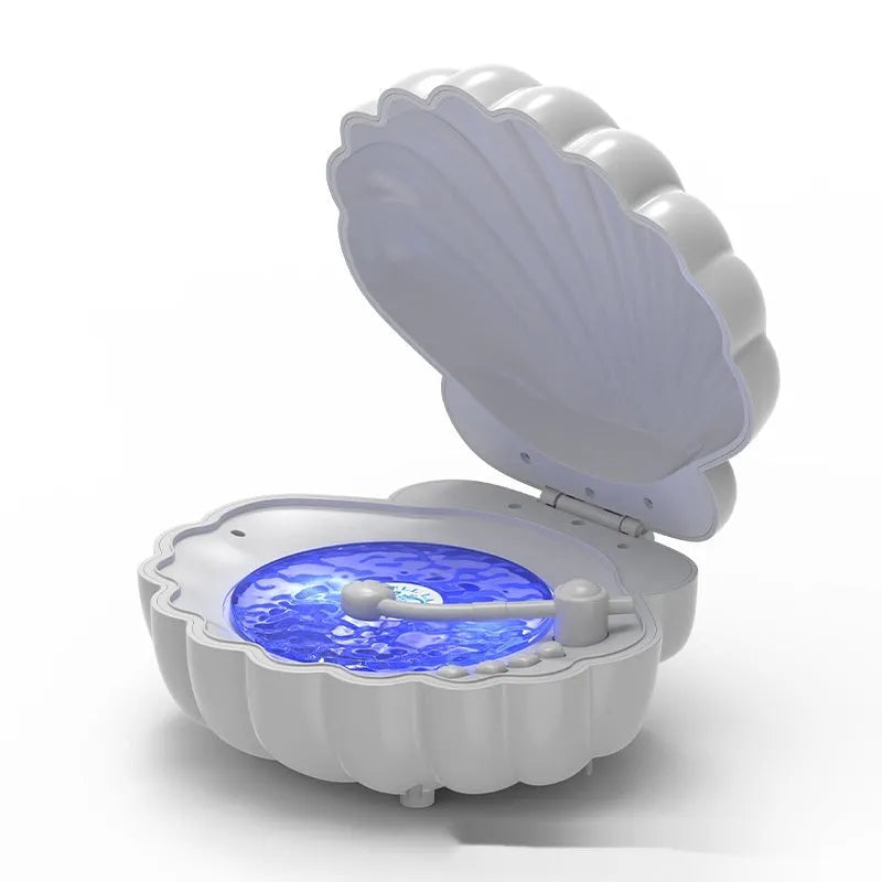 Retro-style vinyl record player shaped shell lamp with LED lights, shown in blue colour.