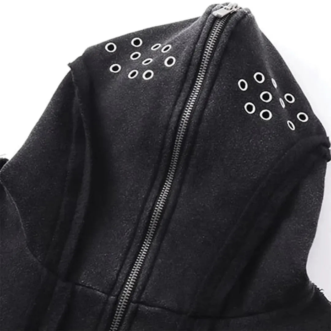 Black men's zip-up hooded cardigan with abstract pattern and padded filling