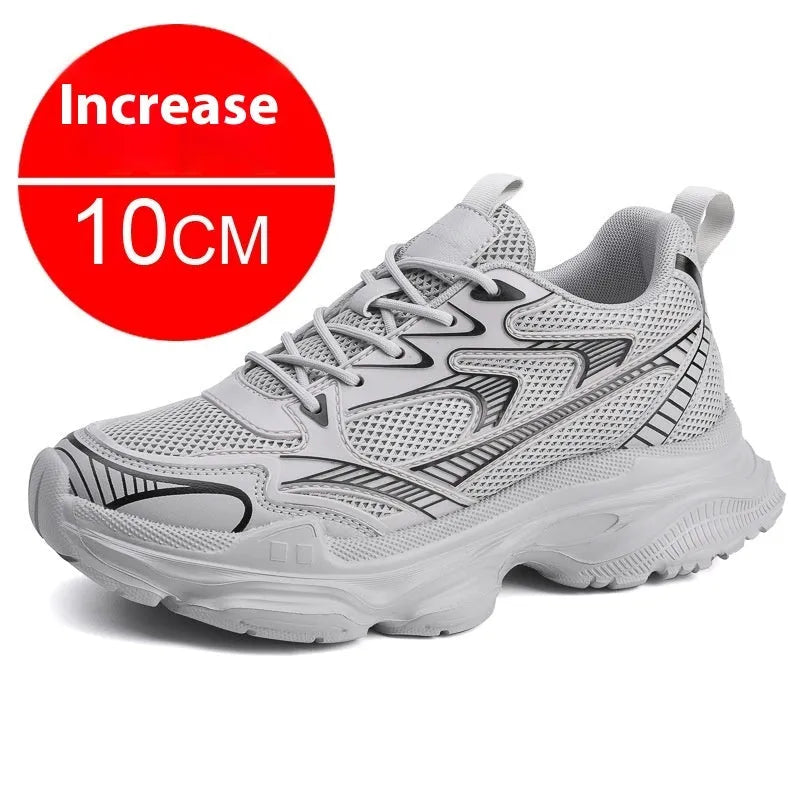 Men's white mesh height increasing casual shoes with front lace-up and rubber EVA PU sole.