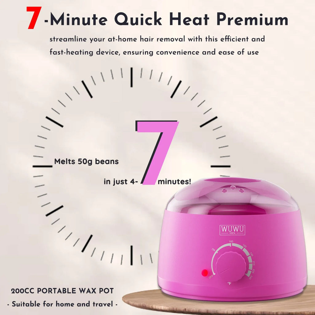 27-piece hair removal waxing kit showing electric heater, four coloured wax beads, wax sticks, and guidebook