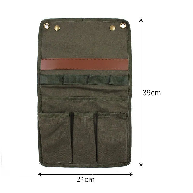 Canvas multifunctional storage bag for outdoor camping, side hanging, armrest design, available in black