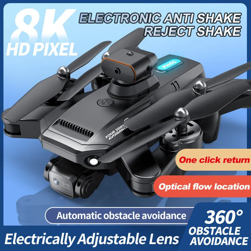 Quadcopter drone with 8K electric modulation lens and obstacle avoidance in black or orange colour
