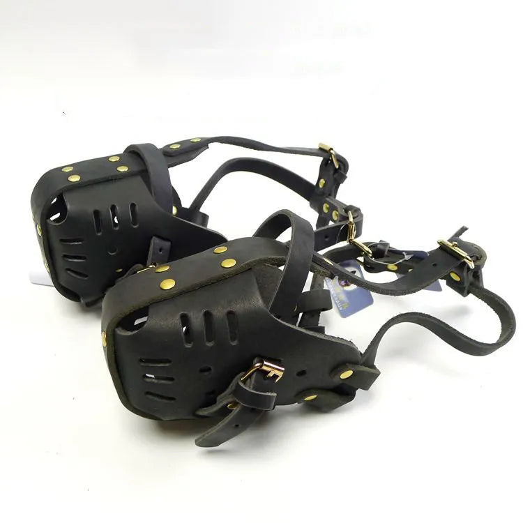 Black cowhide dog muzzle for medium and large dogs, basket design with soft lining, sizes L and M