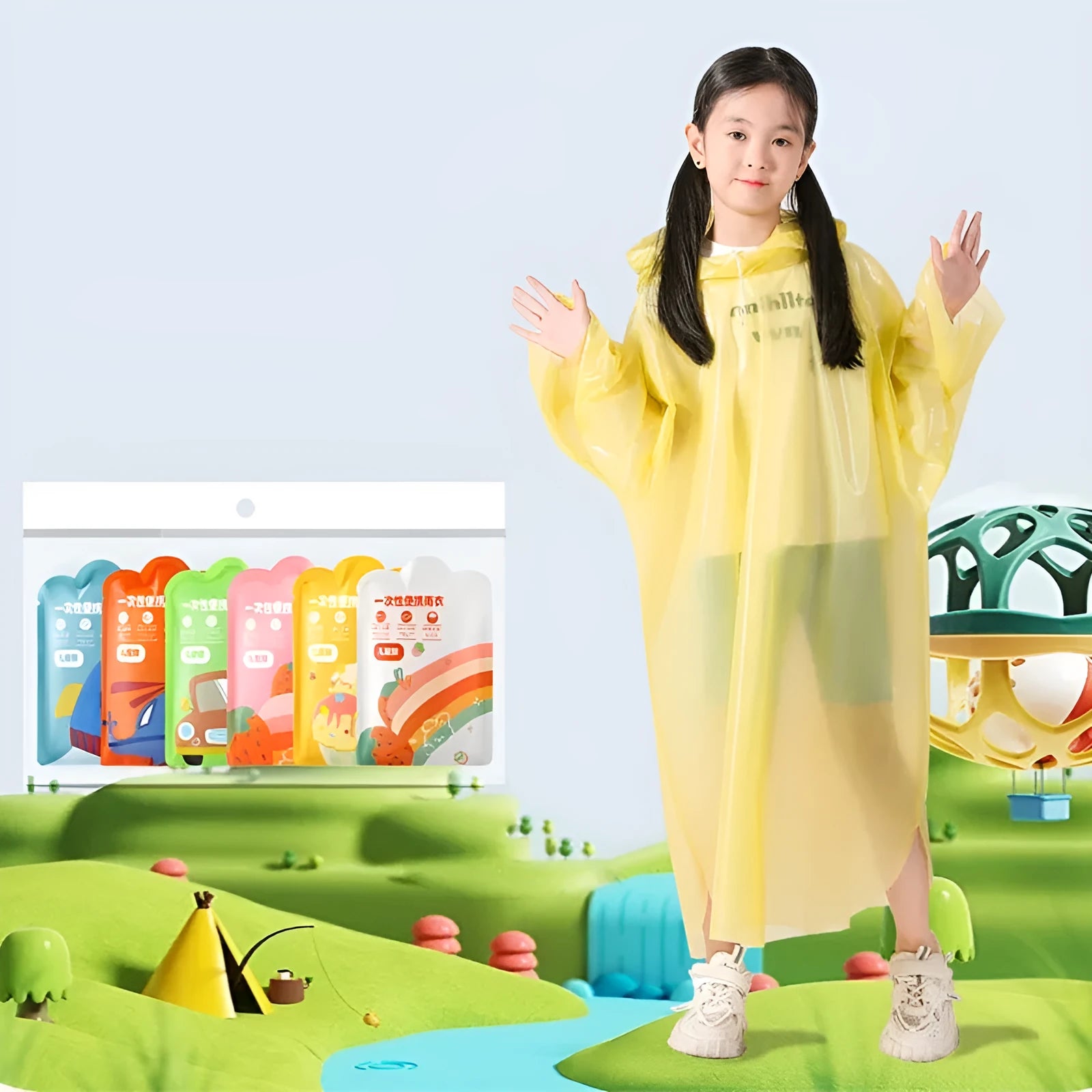 Disposable children's rain poncho in bright colours with compact 13x9cm packaging