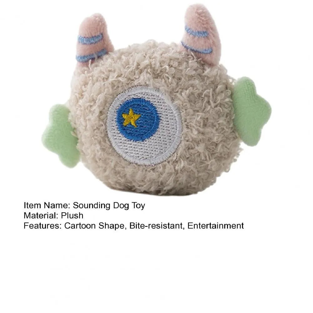Cartoon plush dog chew toy with squeaker in grey green pink white or yellow colours