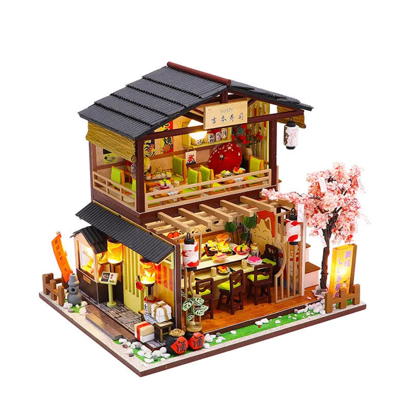 Assembled wooden Japanese sushi restaurant model with flash function, 21 by 32 by 5.5 centimetres, on a white background.