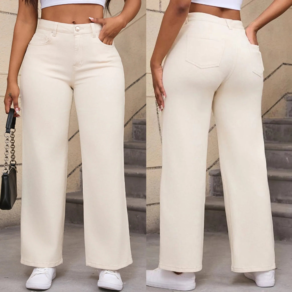 Women's straight leg wide trousers in apricot colour with high waist