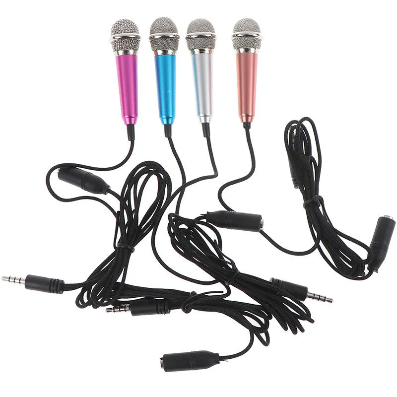 Portable 3.5mm mini studio microphone in rose gold with sponge head and stand for karaoke