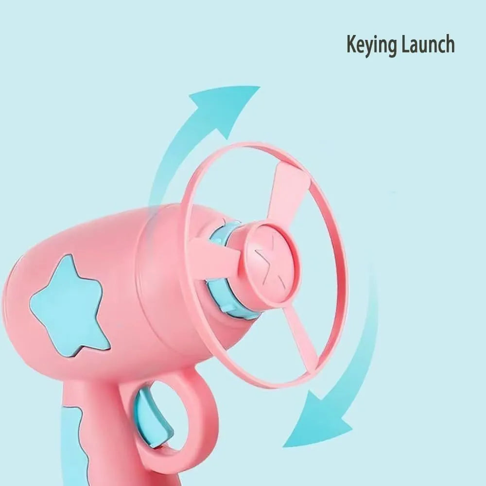 Blue plastic cat toy gun with a mounted orange frisbee, shown on a white background.