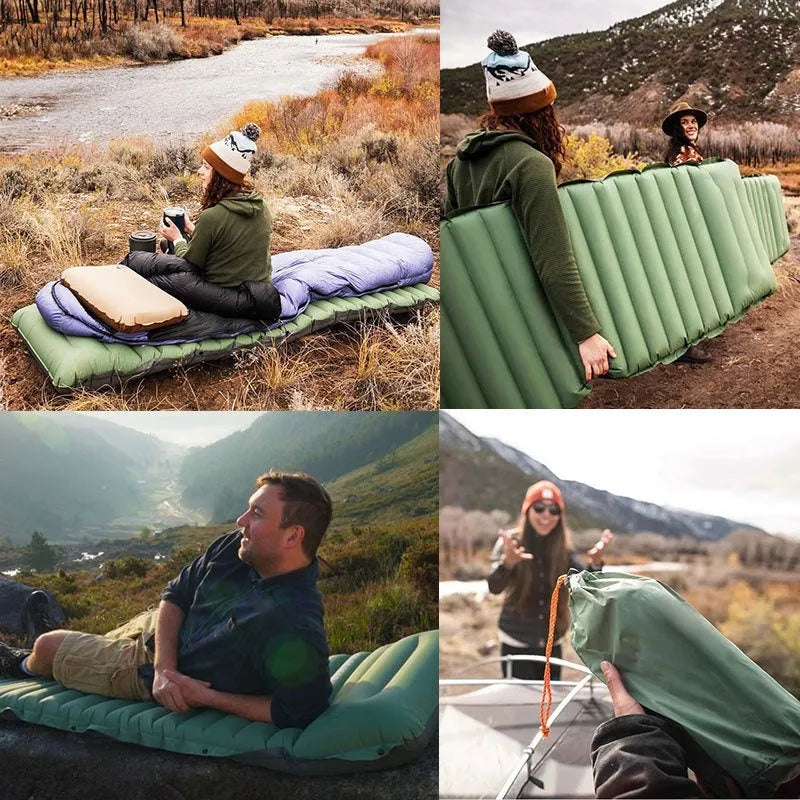 Single inflatable camping mattress in grey, shown expanded to 195cm length