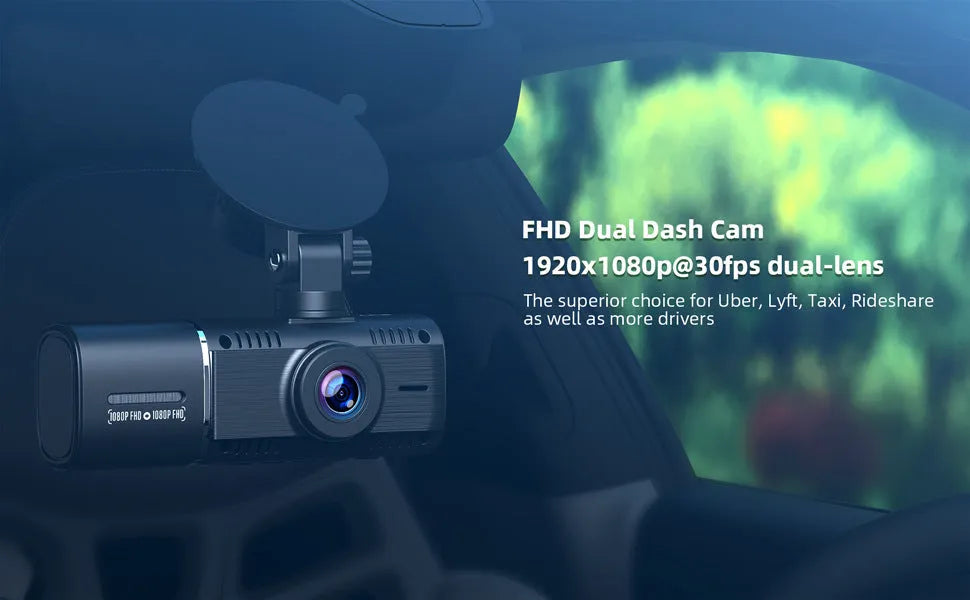 Standard black dash cam for car with 1.5-inch screen, showing front and rear recording capability.