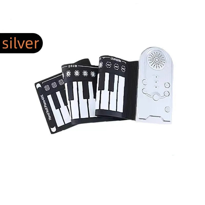 Portable 49-key folding electronic keyboard with speaker in gloss black, showing rolled design and control panel.
