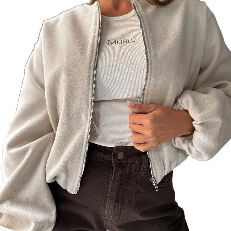 Women's milky white off-shoulder coat with lantern sleeves and round neck design