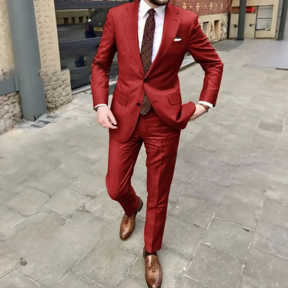 Men's slim fit acetate fibre business suit in multiple colour options with two-button jacket and matching trousers