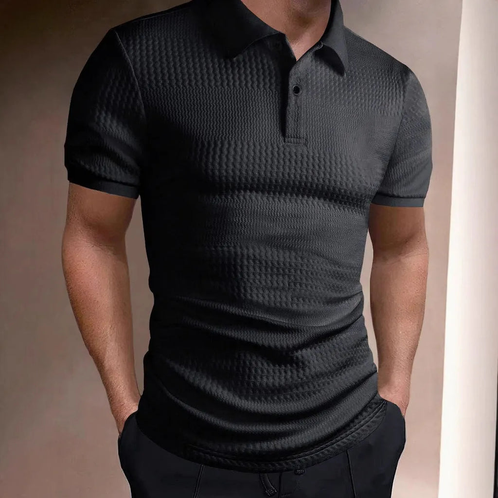 Men's loose fit striped polo shirt in breathable polyester blend fabric for summer wear