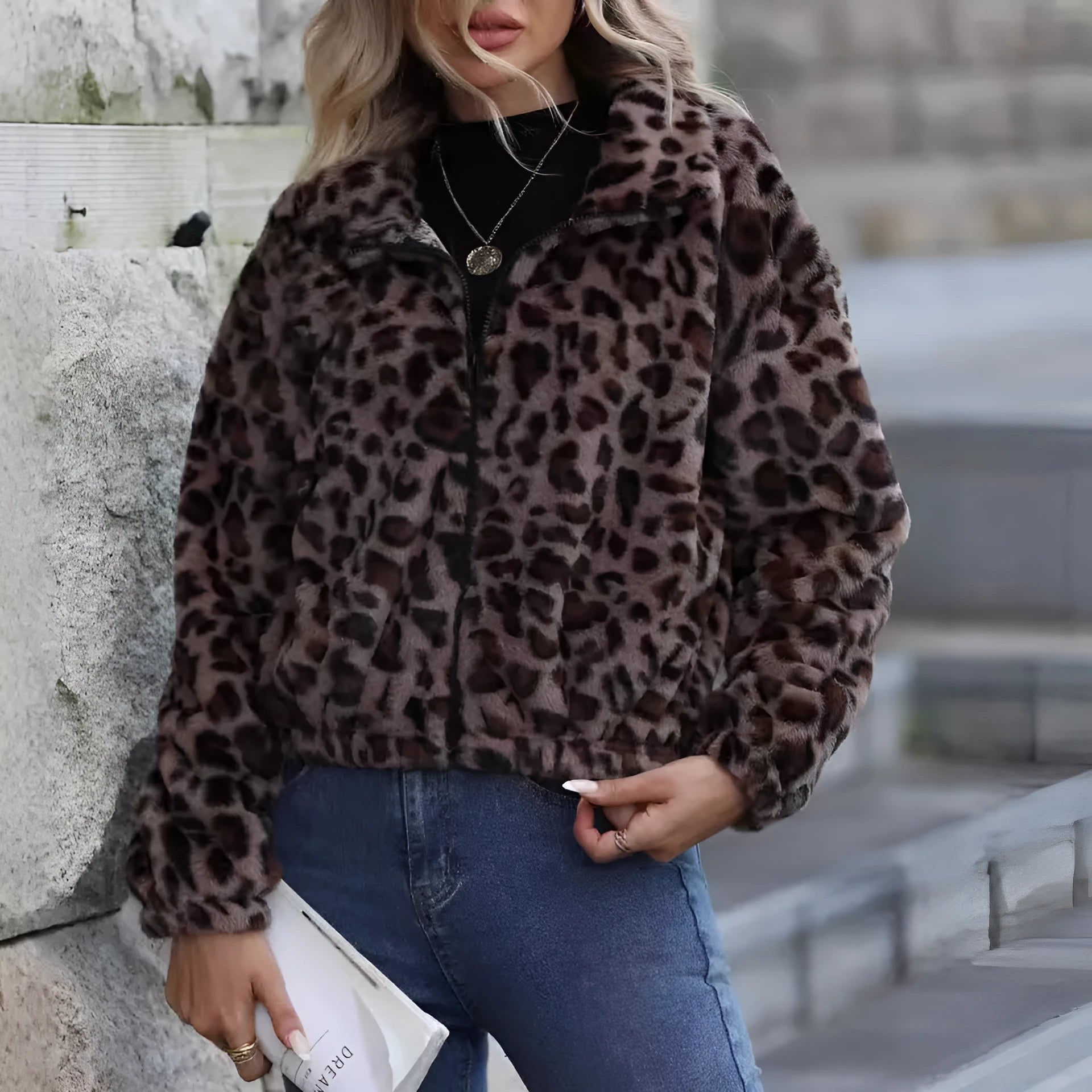Women's loose leopard print plush coat with a zip front and raglan sleeves.