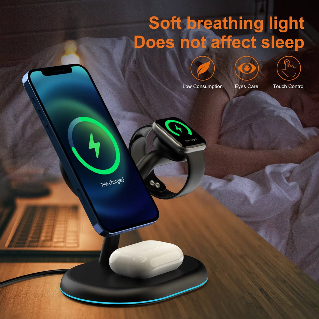 Black magnetic wireless charger with three-in-one functionality and ABS plastic construction