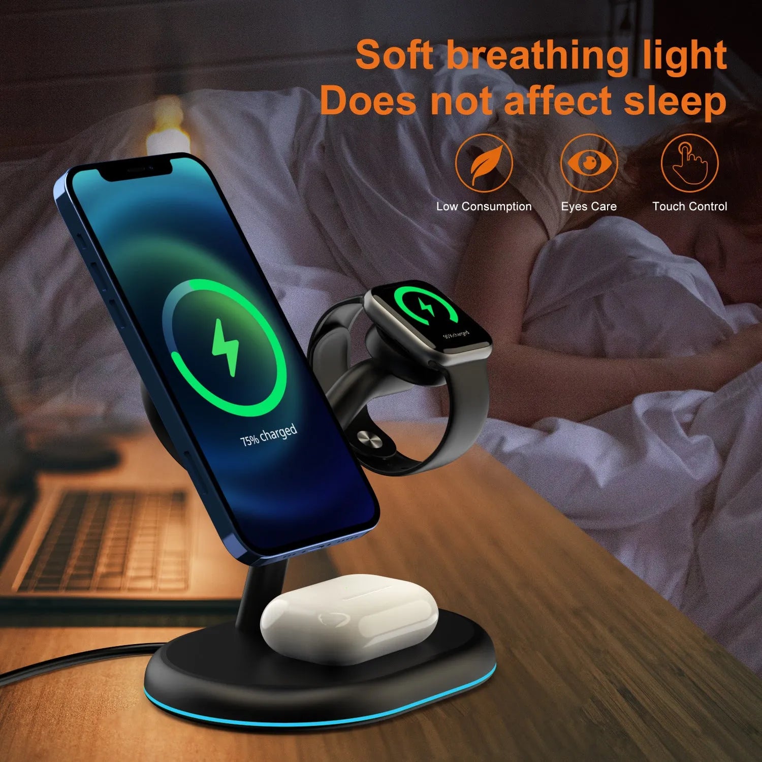 Black magnetic wireless charger with three-in-one functionality and ABS plastic construction