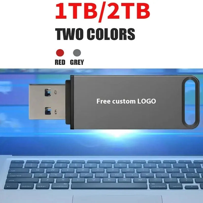 Customisable metal USB flash drive in black, red, and silver colours showing large capacity options.