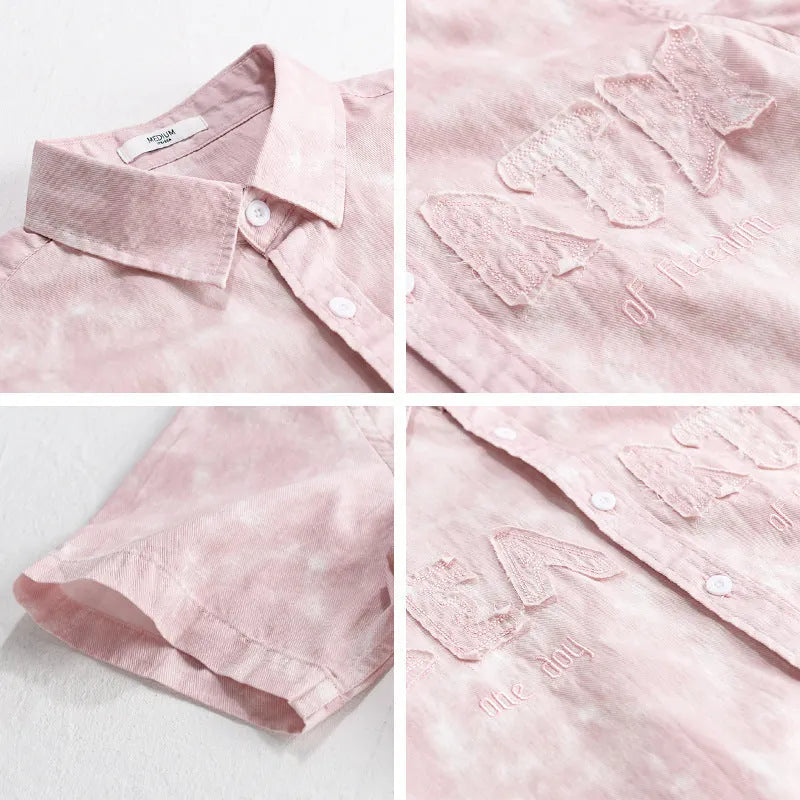 Men's light pink hanging dyed printed short sleeve cotton cardigan with loose fit on hanger