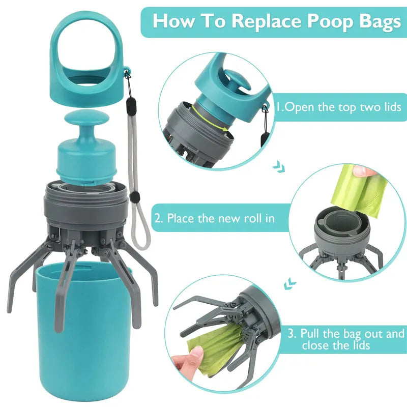 Blue portable dog pooper scooper with eight-claw mechanism and built-in bag dispenser