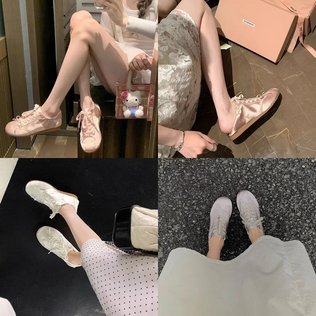 Women's satin ballet flat shoes with round toe and front lace-up in three colour options