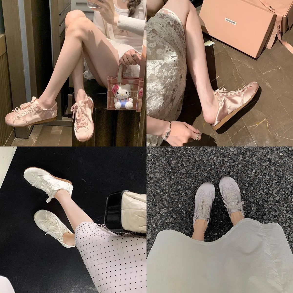 Women's satin ballet flat shoes with round toe and front lace-up in three colour options