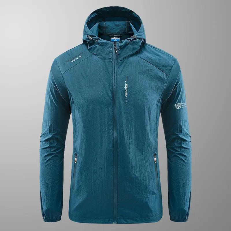 Men's lightweight nylon hooded jacket in summer colours for outdoor sun protection