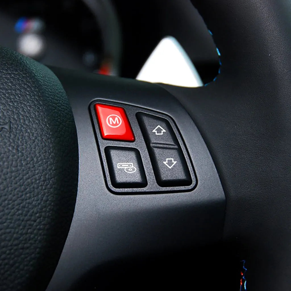 Red and blue M1 M2 steering wheel button accessories for BMW F30 and F34 models