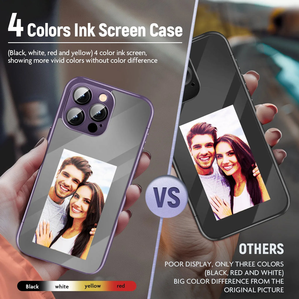 Black iPhone 15 Pro Max flip case with NFC ink screen showing custom design