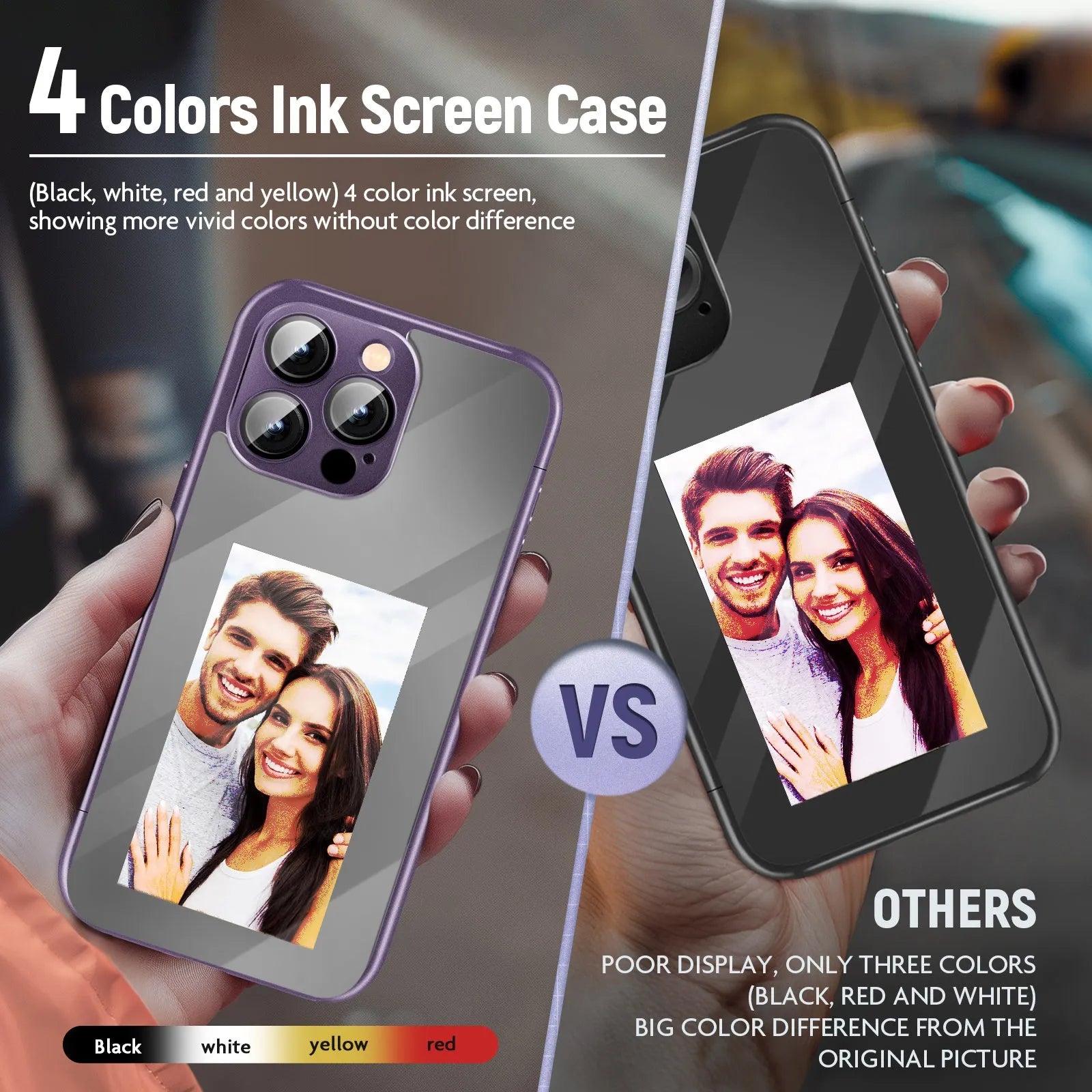 Black iPhone 15 Pro Max flip case with NFC ink screen showing custom design